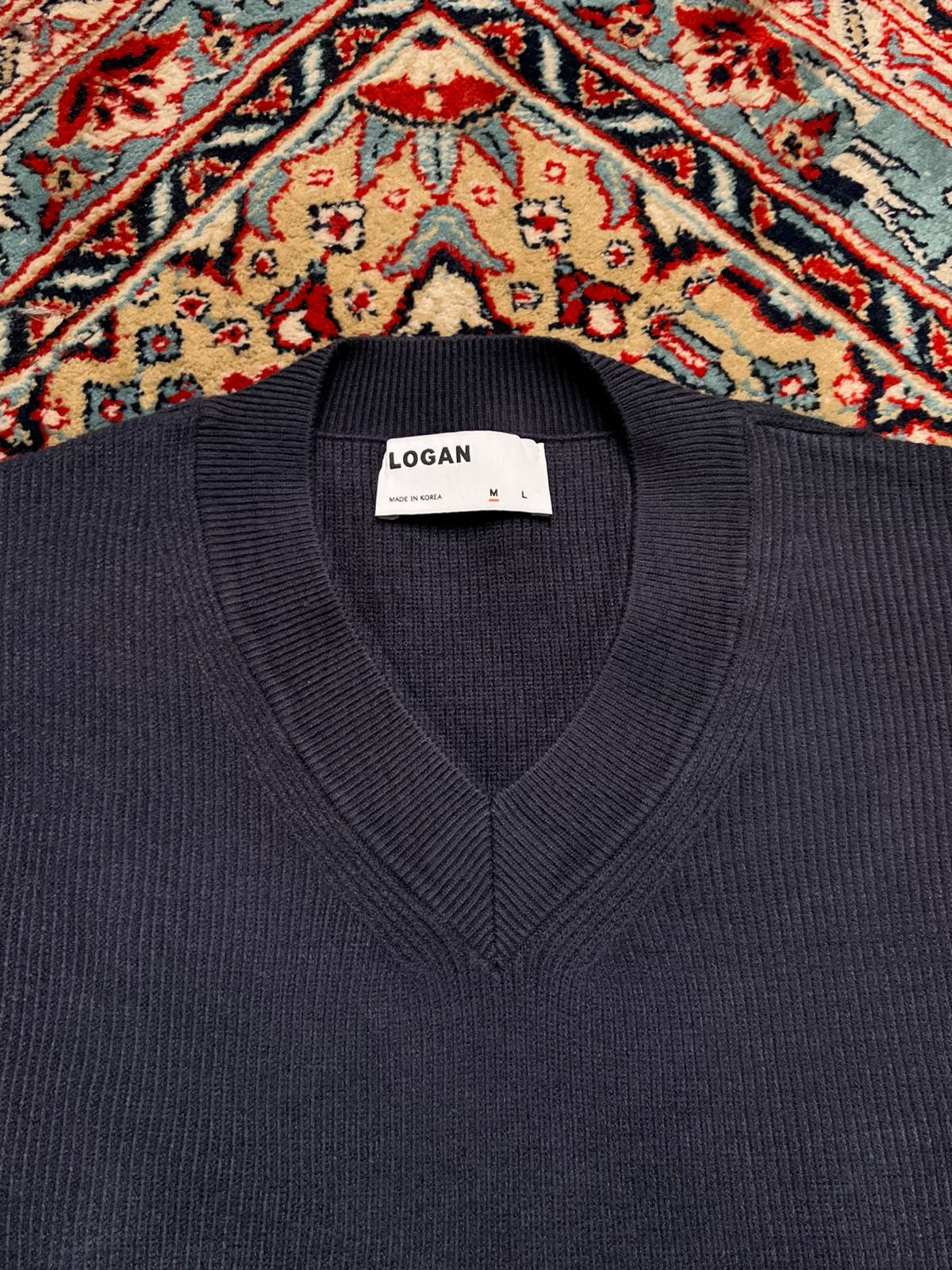 LOGAN Men’s V-Neck Navy Blue Knit Relaxed Fit Sweater