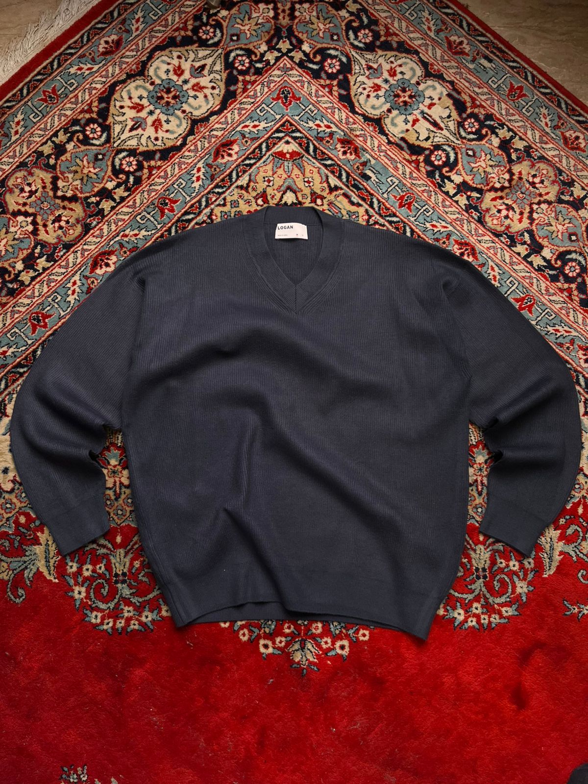 LOGAN Men’s V-Neck Navy Blue Knit Relaxed Fit Sweater