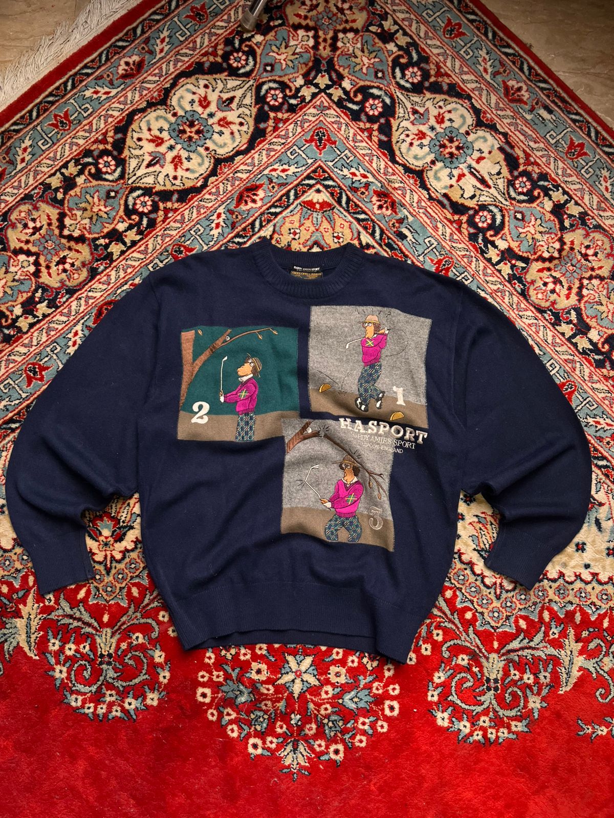 Hardy Amies Navy Blue Embroidered Lambswool Golf Cropped Crewneck Sweater