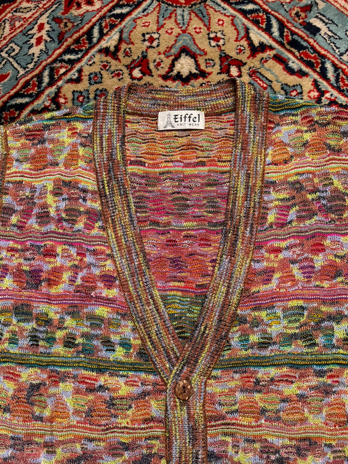 Vintage Cropped Eiffel Knitwear Multi-Color Textured V-Neck Cardigan