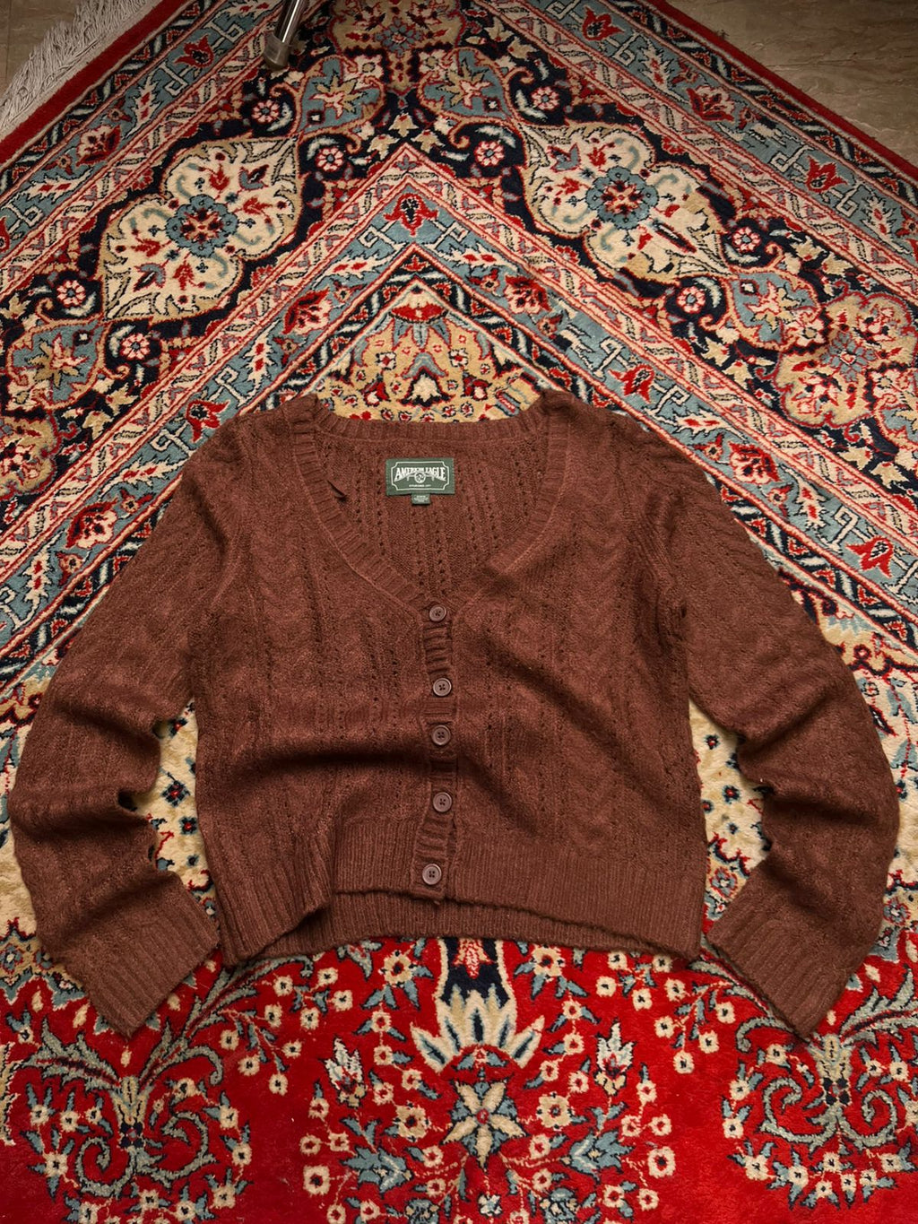 American Eagle Women Brown Knit V-Neck Cardigan Sweater