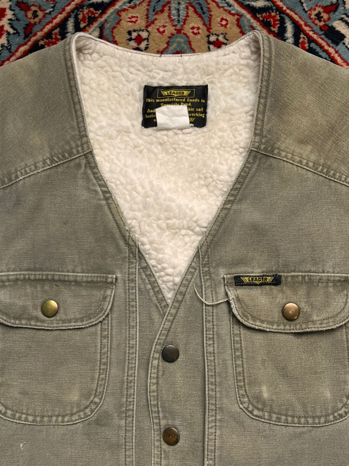 LEADER Vintage Workwear Vest Sherpa Lined Canvas Duck Green Distressed