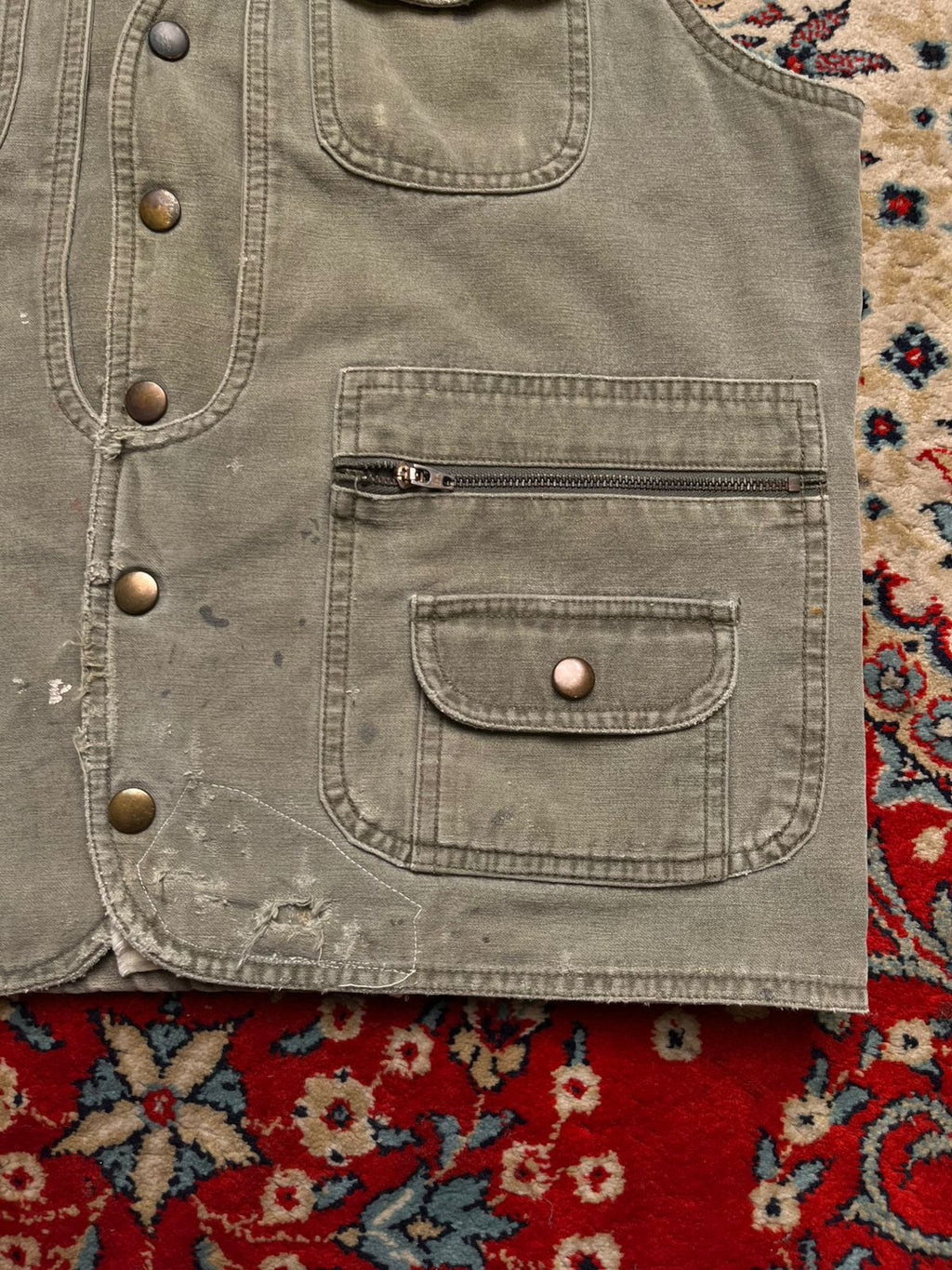 LEADER Vintage Workwear Vest Sherpa Lined Canvas Duck Green Distressed