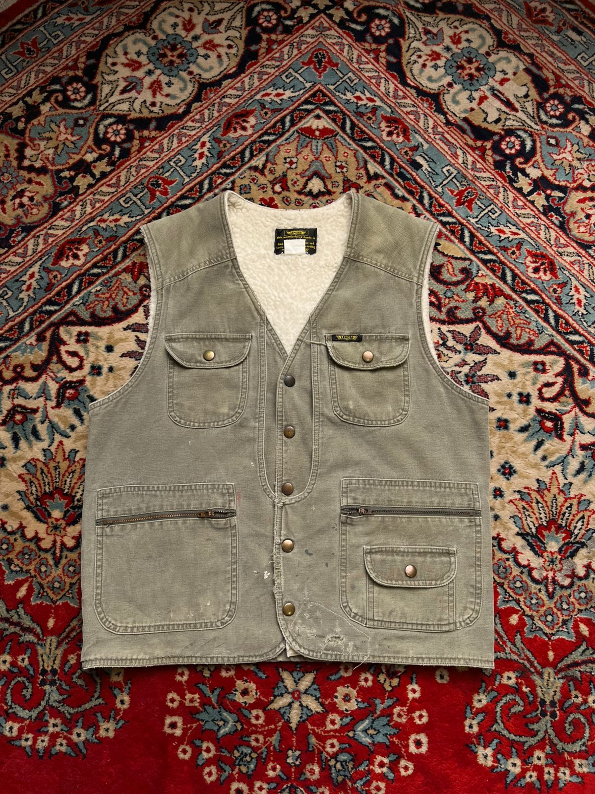 LEADER Vintage Workwear Vest Sherpa Lined Canvas Duck Green Distressed