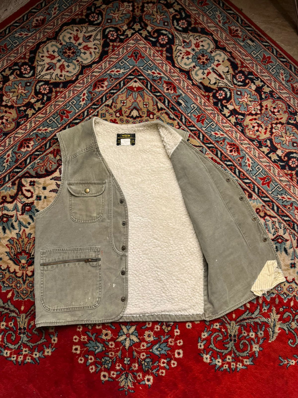LEADER Vintage Workwear Vest Sherpa Lined Canvas Duck Green Distressed