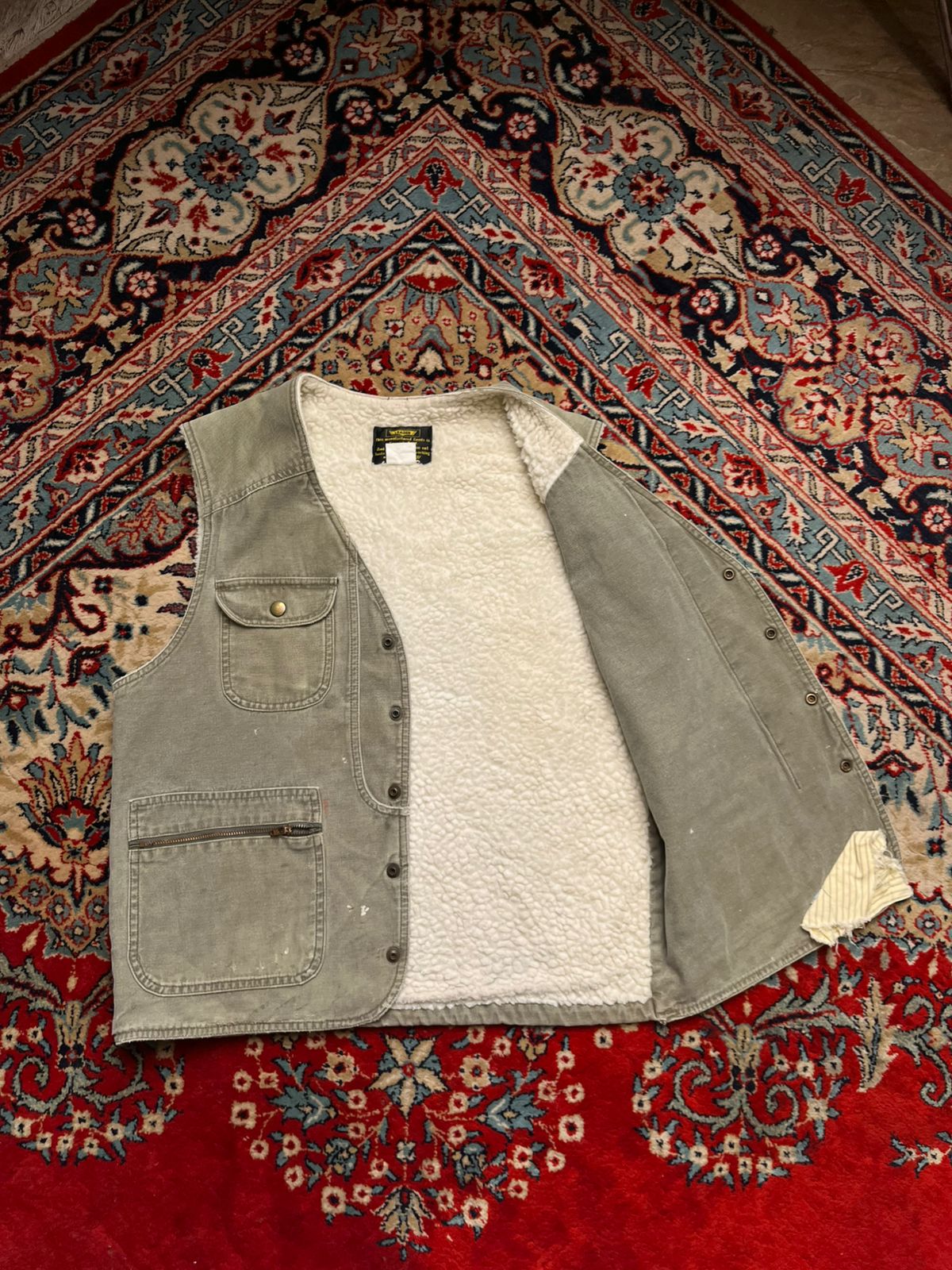 LEADER Vintage Workwear Vest Sherpa Lined Canvas Duck Green Distressed