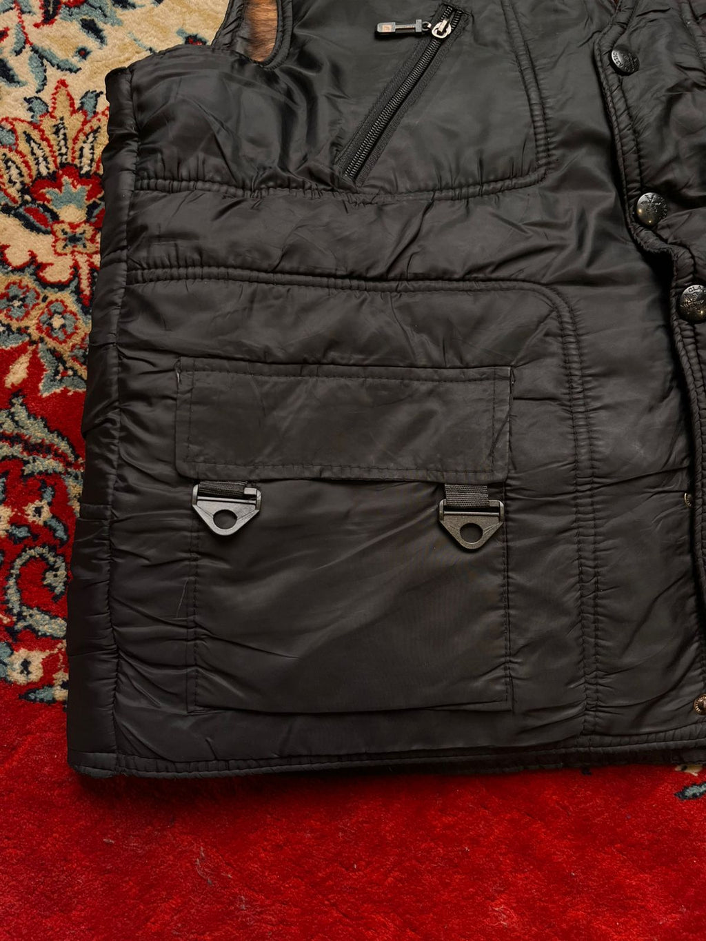 Mens Black Cheetah Fur Lined Multi-Pocket Utility Puffer Vest