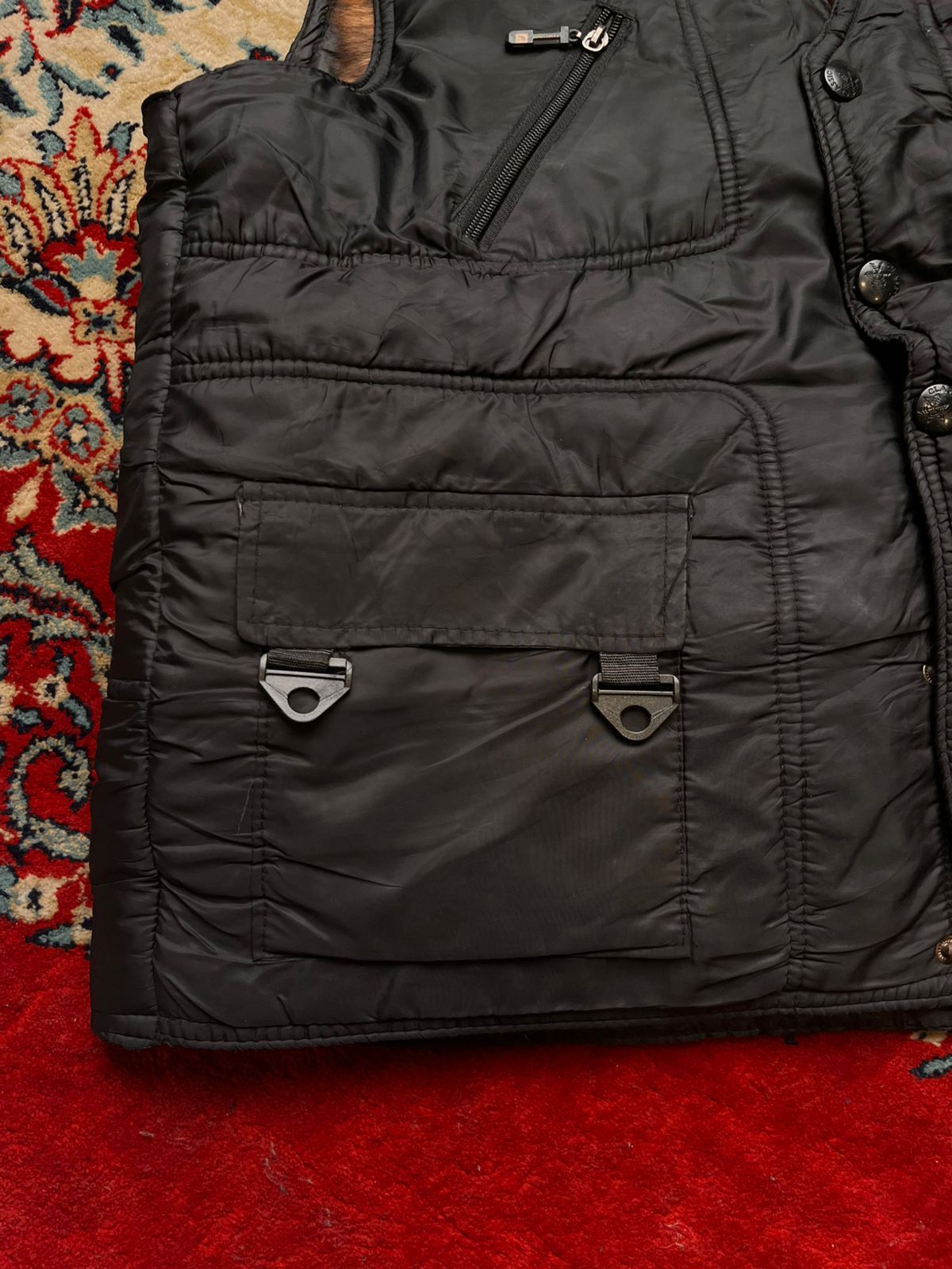 Mens Black Cheetah Fur Lined Multi-Pocket Utility Puffer Vest