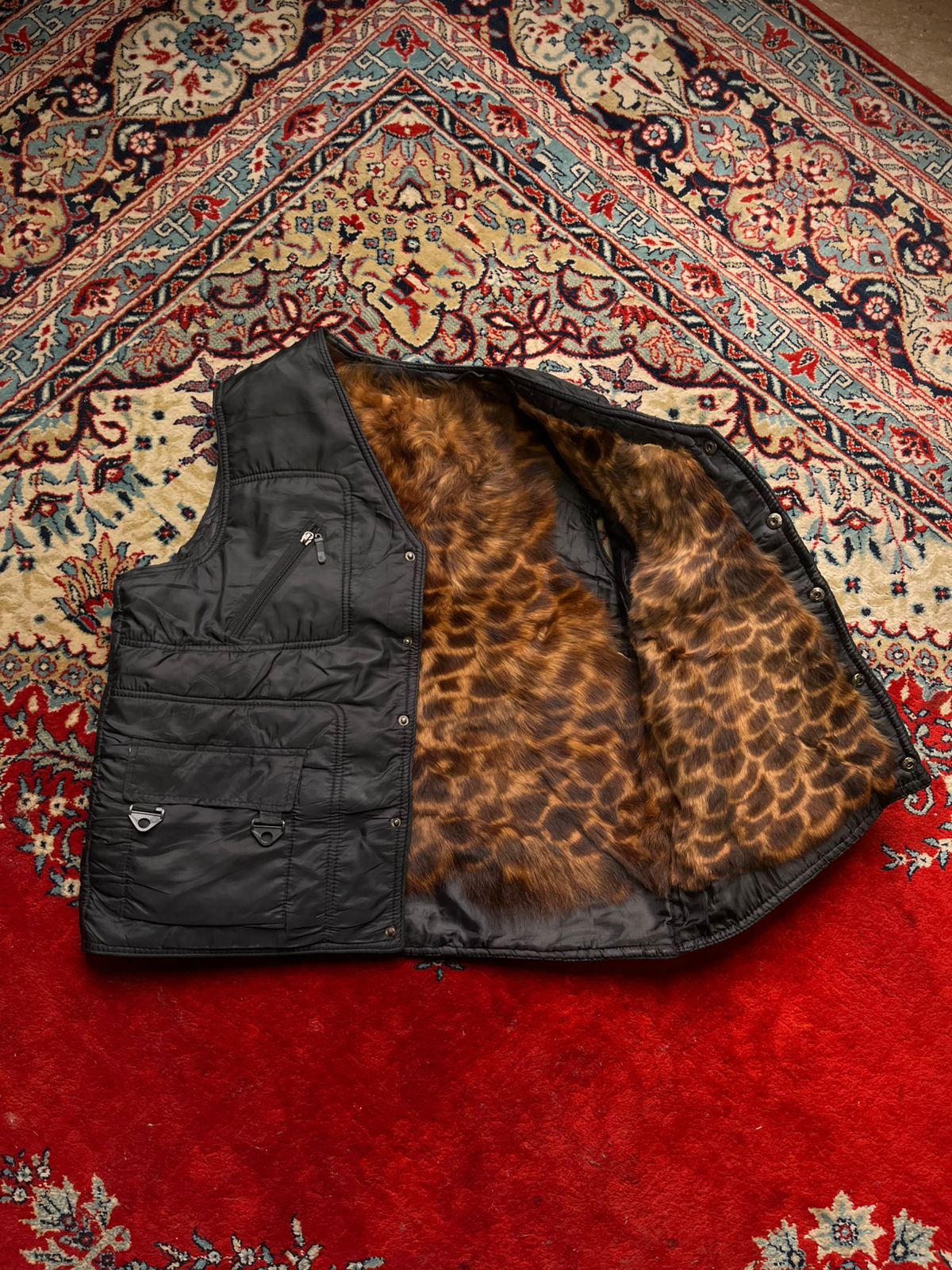 Mens Black Cheetah Fur Lined Multi-Pocket Utility Puffer Vest