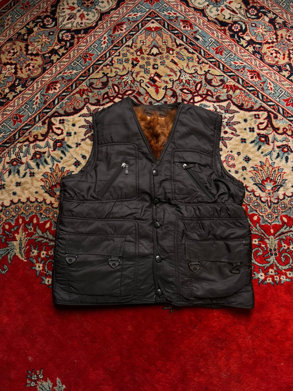 Mens Black Cheetah Fur Lined Multi-Pocket Utility Puffer Vest