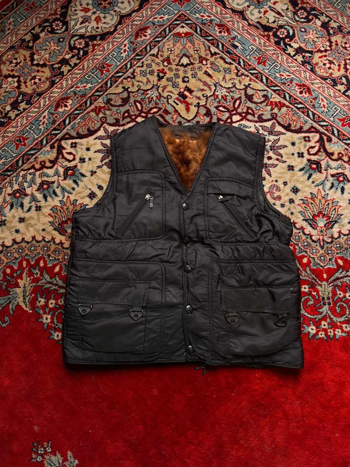 Mens Black Cheetah Fur Lined Multi-Pocket Utility Puffer Vest