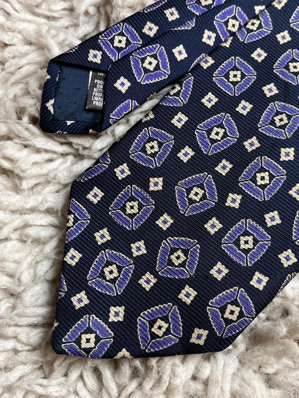 Marks & Spencer Navy Blue Purple Geometric Medallion Silk Tie