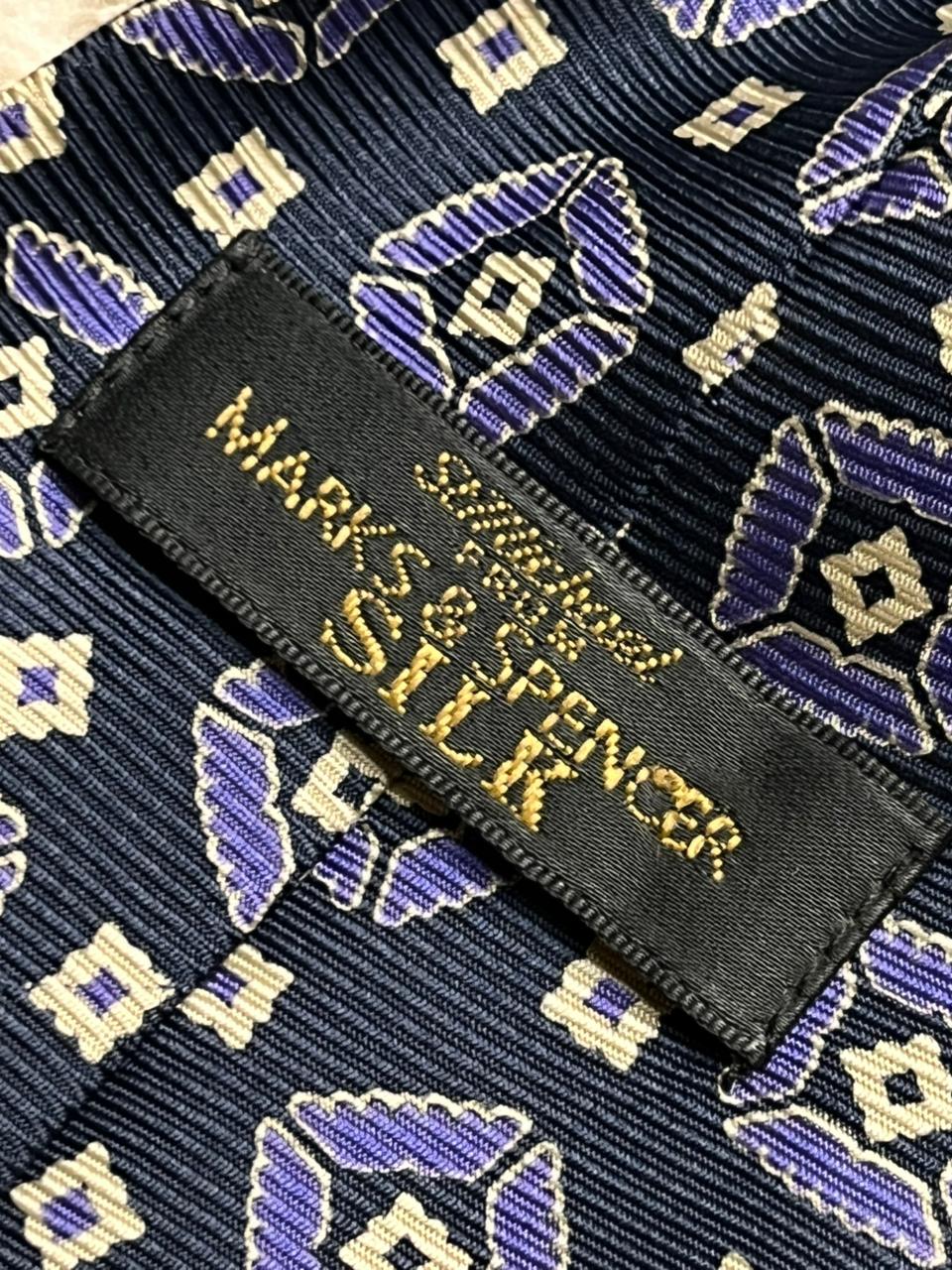 Marks & Spencer Navy Blue Purple Geometric Medallion Silk Tie