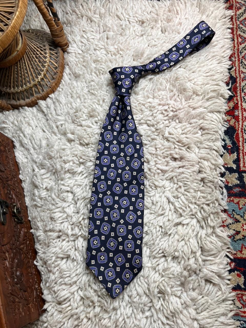 Marks & Spencer Navy Blue Purple Geometric Medallion Silk Tie