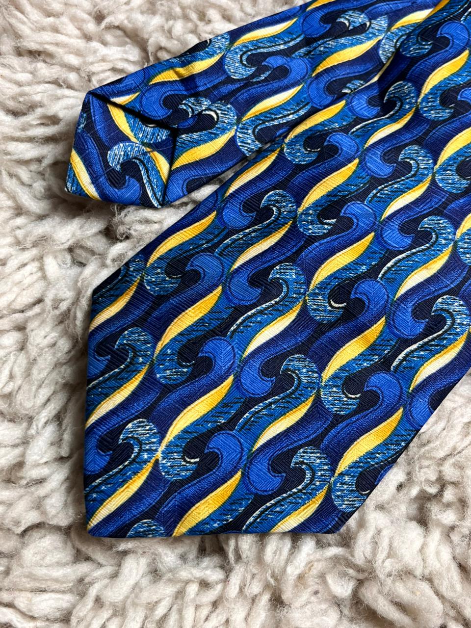 Rael Brook Blue Yellow Abstract Wave Swirl Pattern Made In Britain Polyester Tie