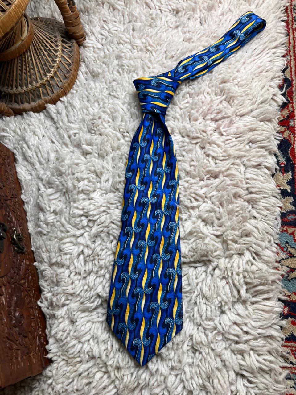 Rael Brook Blue Yellow Abstract Wave Swirl Pattern Made In Britain Polyester Tie