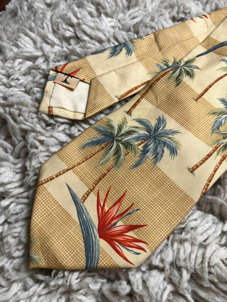 Tommy Bahama Yellow Tropical Palm Tree Bird of Paradise Handmade Silk Mens Tie