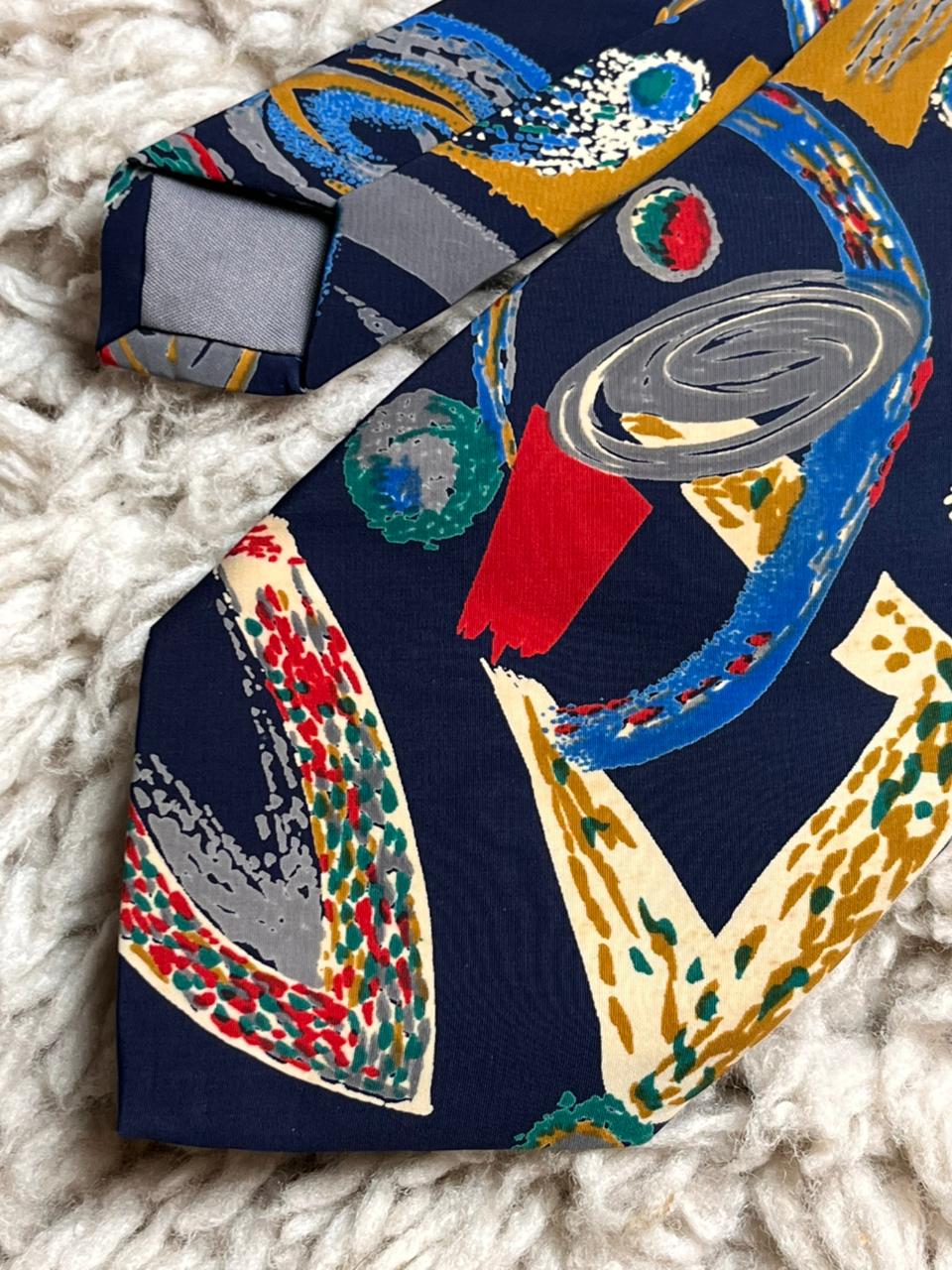 Montage Navy Blue Multicolor Abstract Geometric Retro Graphic Print Polyester Tie