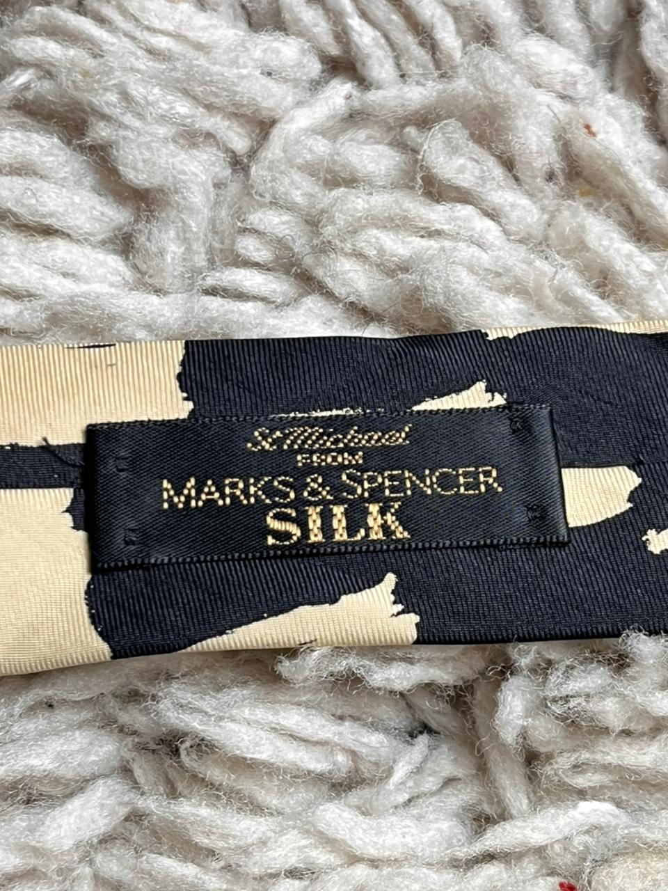 St Michael Marks & Spencer Black Cream Abstract Painted Block Check Silk Tie
