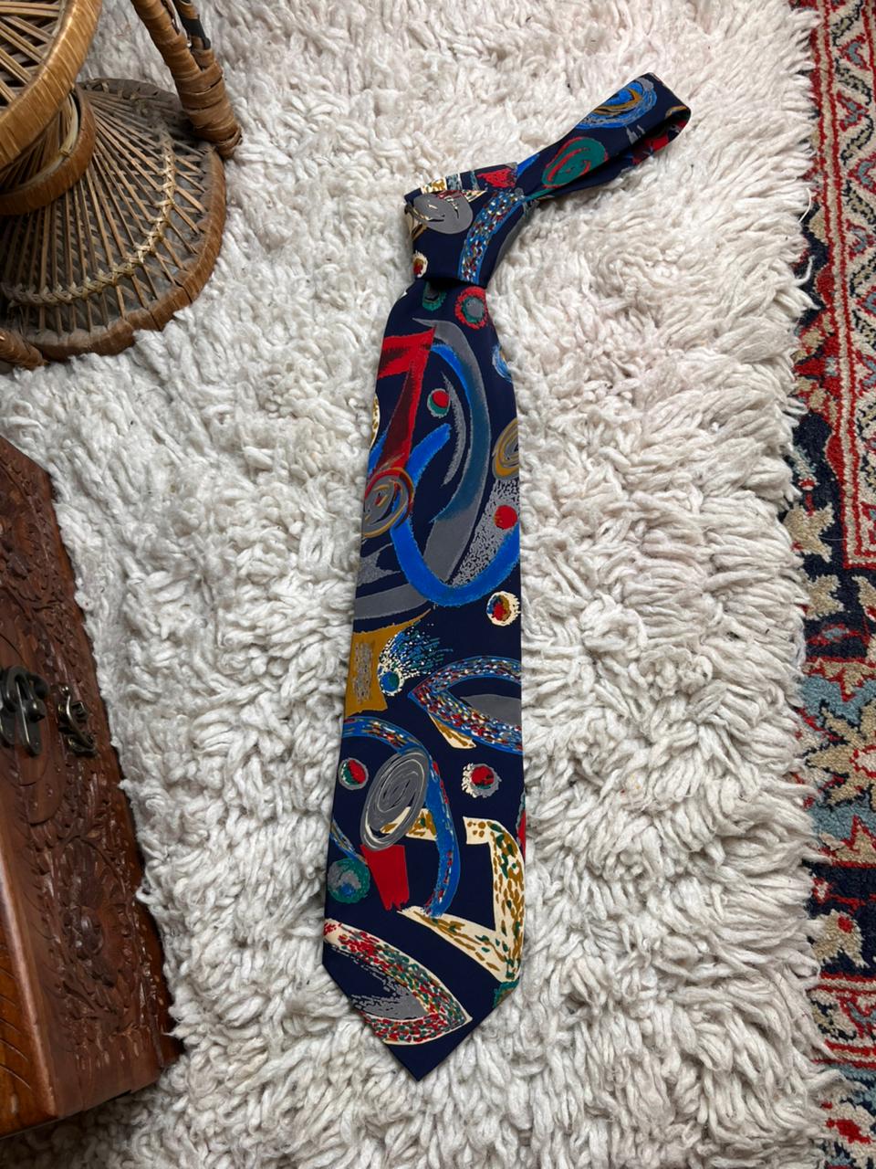 Montage Navy Blue Multicolor Abstract Geometric Retro Graphic Print Polyester Tie