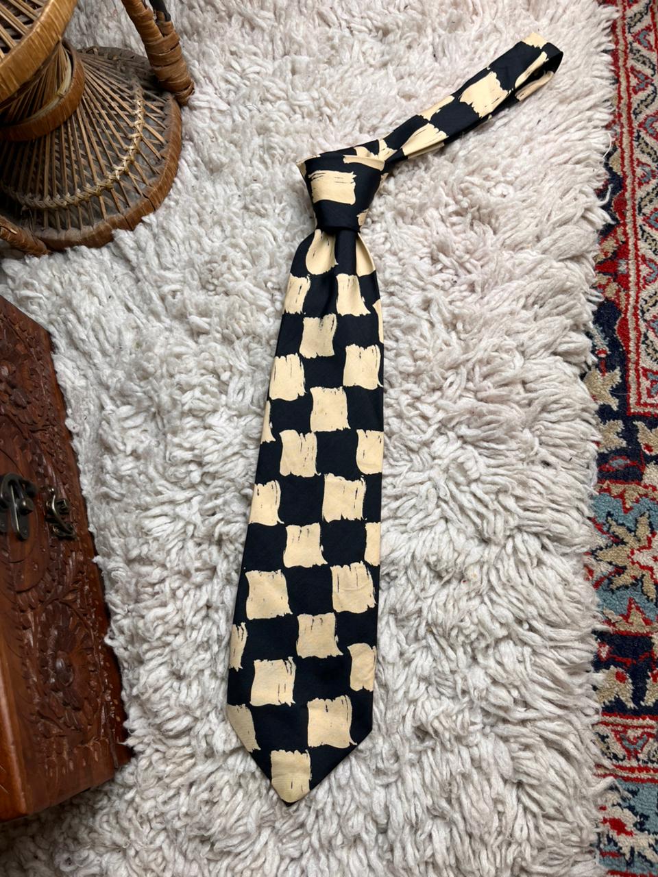 St Michael Marks & Spencer Black Cream Abstract Painted Block Check Silk Tie
