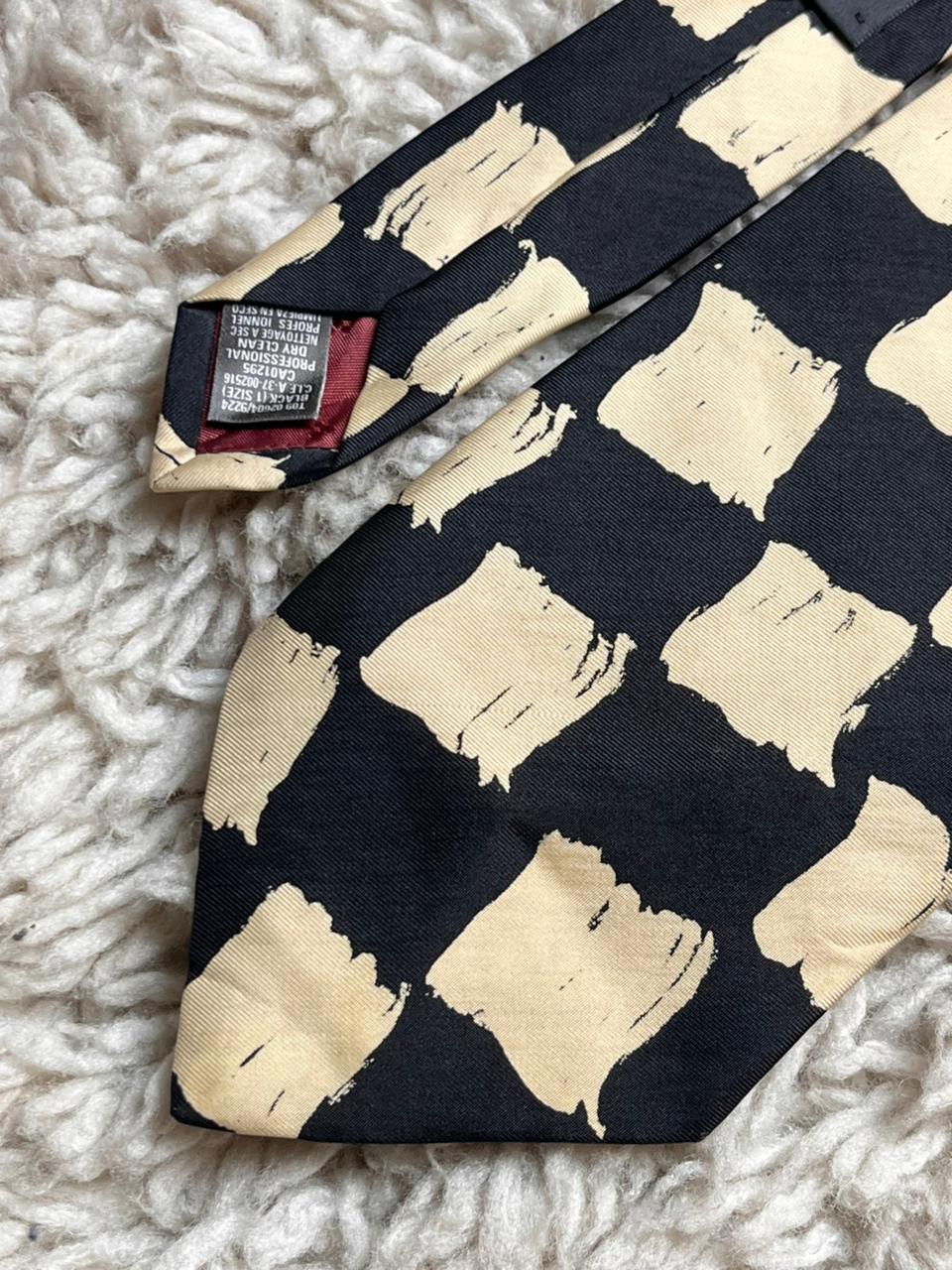 St Michael Marks & Spencer Black Cream Abstract Painted Block Check Silk Tie