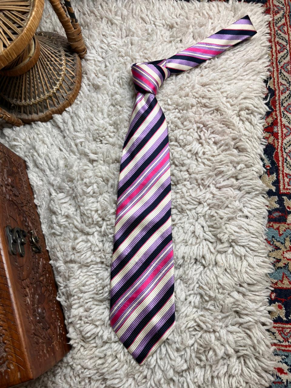 Van Heusen Purple Pink Navy Diagonal Repp Stripe 100% Silk Mens Tie