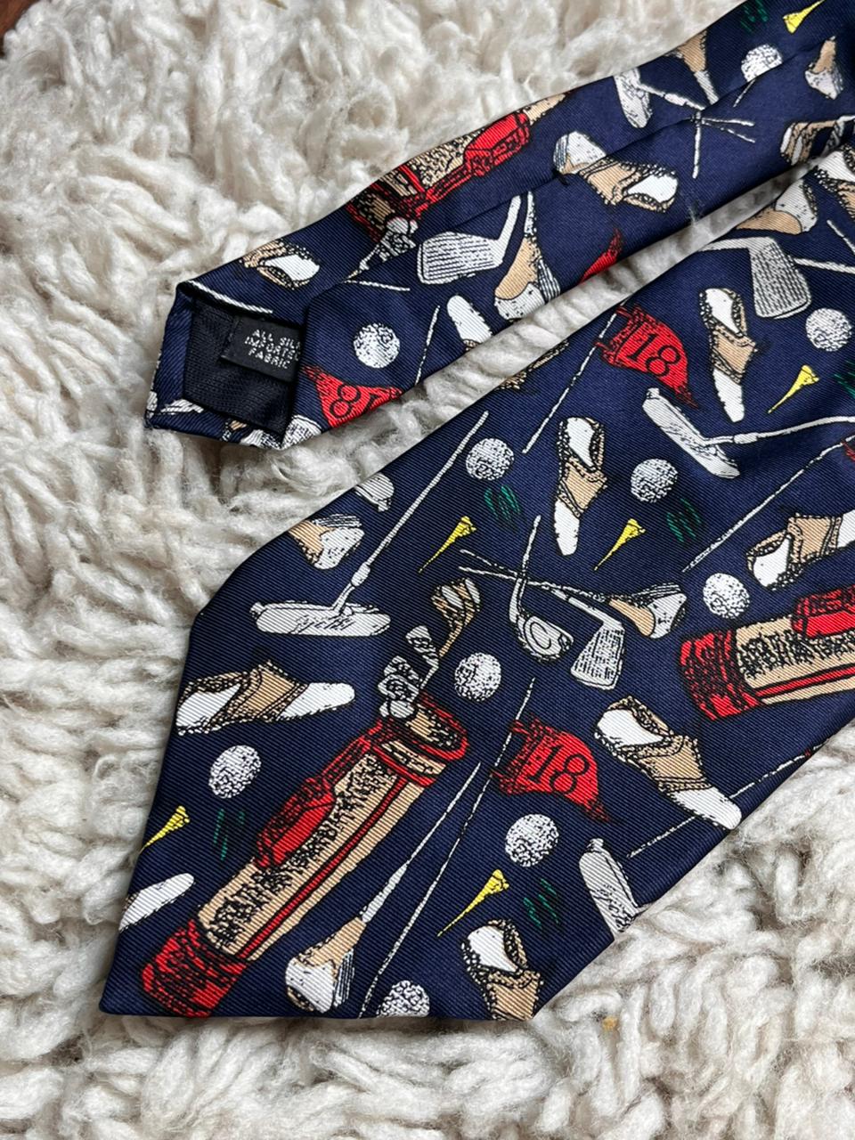 Corporate Cravats Navy Blue Vintage Novelty Golf Club Bag Made In USA Silk Tie