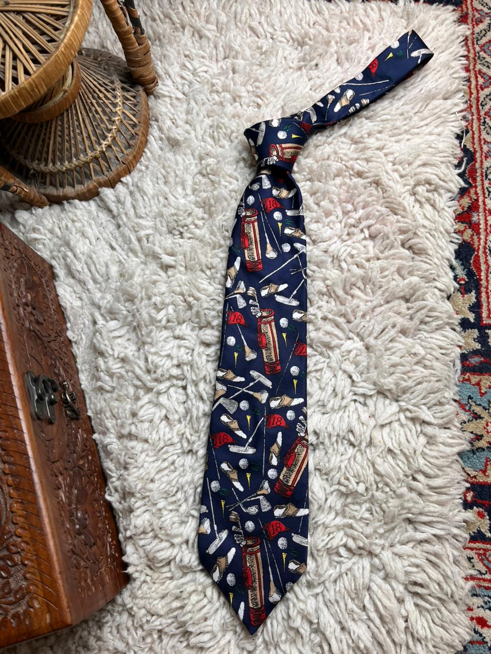 Corporate Cravats Navy Blue Vintage Novelty Golf Club Bag Made In USA Silk Tie