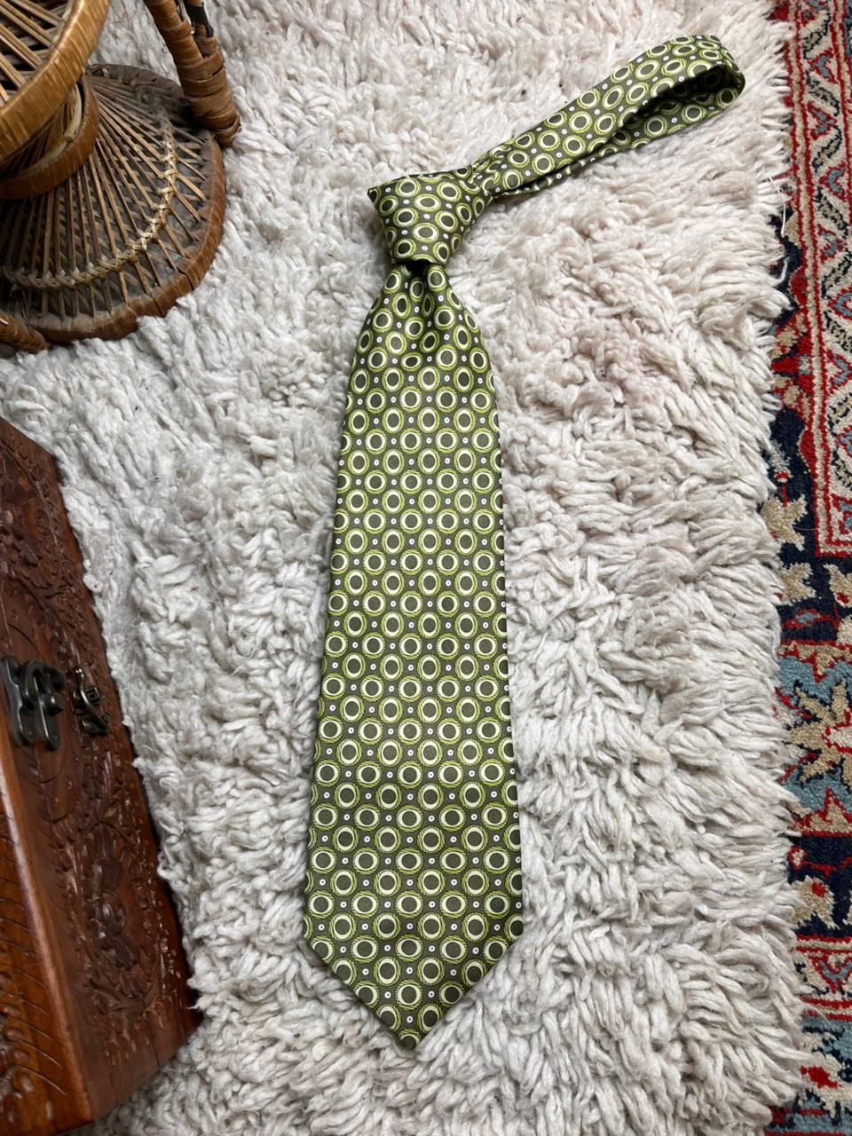 Fabio Wear Olive Green Retro Geometric Circle Pattern Silk Blend Mens Tie