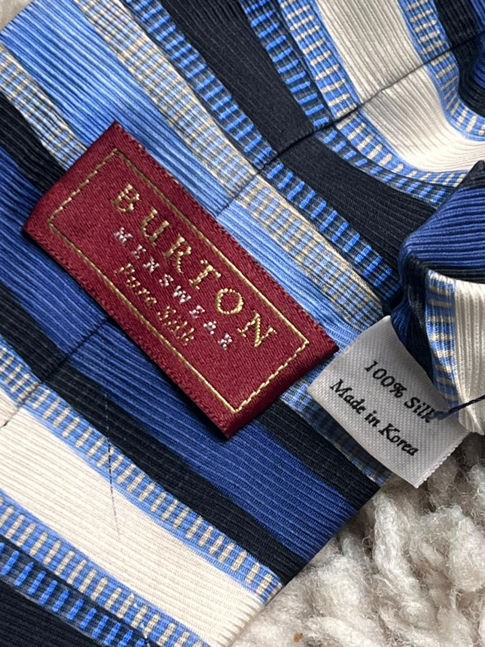 Burton Menswear Navy Blue Cream Textured Multi Stripe Professional 100% Silk Tie