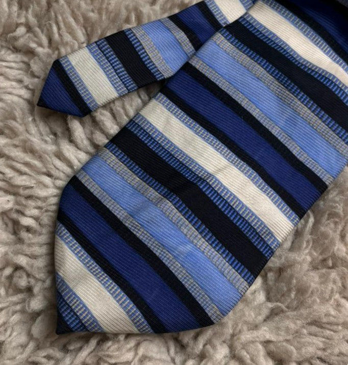 Burton Menswear Navy Blue Cream Textured Multi Stripe Professional 100% Silk Tie