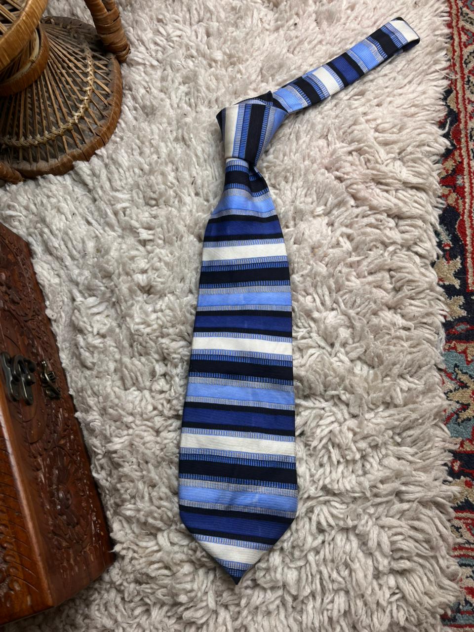 Burton Menswear Navy Blue Cream Textured Multi Stripe Professional 100% Silk Tie