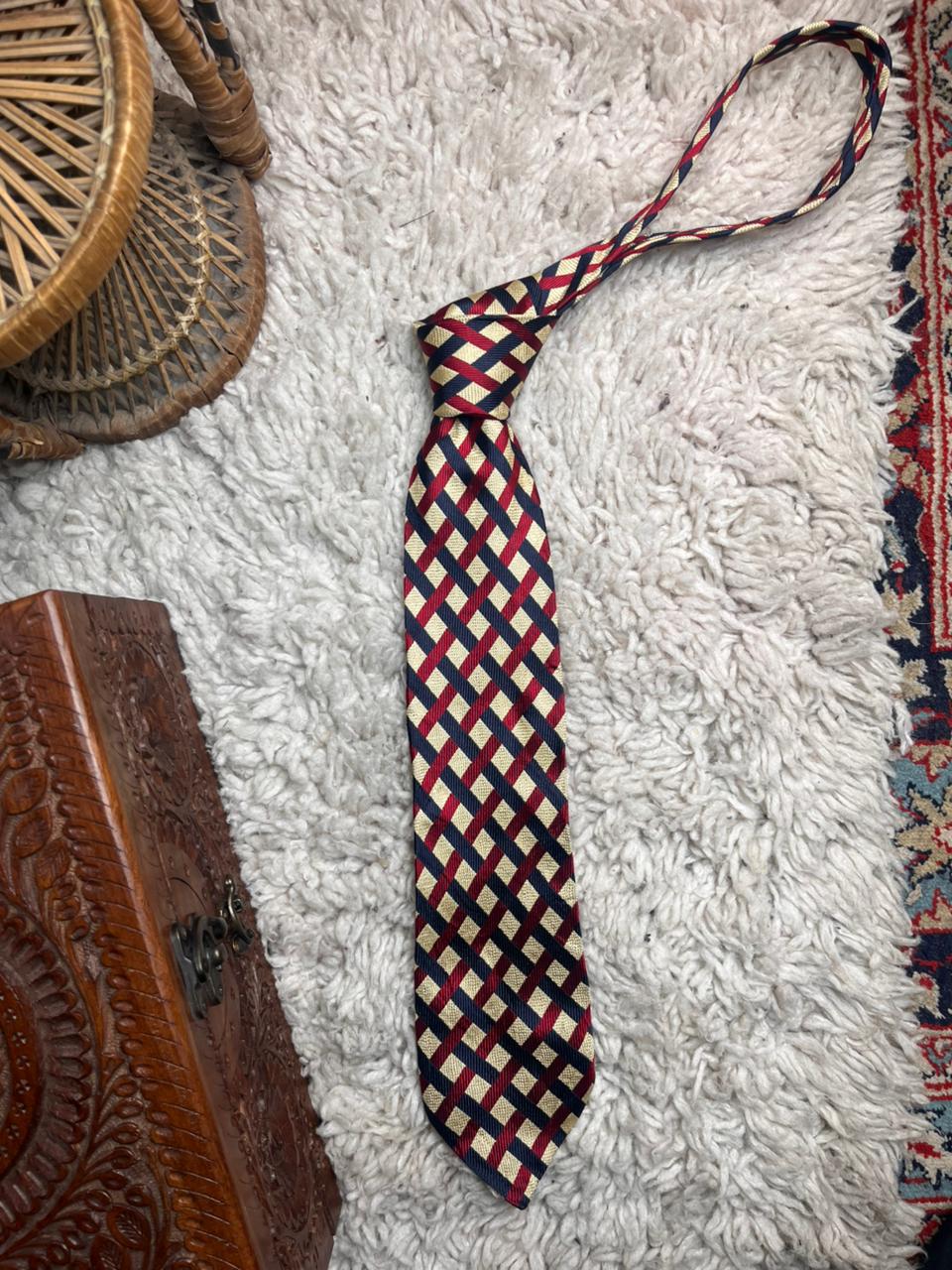 urtons Pure Silk Red Blue Gold Navy Lattice Basketweave Check Made in UK Tie