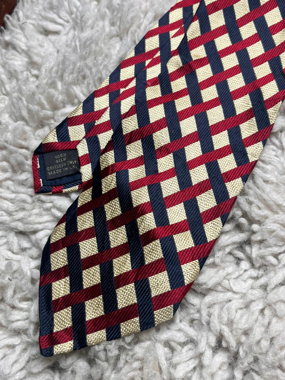 urtons Pure Silk Red Blue Gold Navy Lattice Basketweave Check Made in UK Tie
