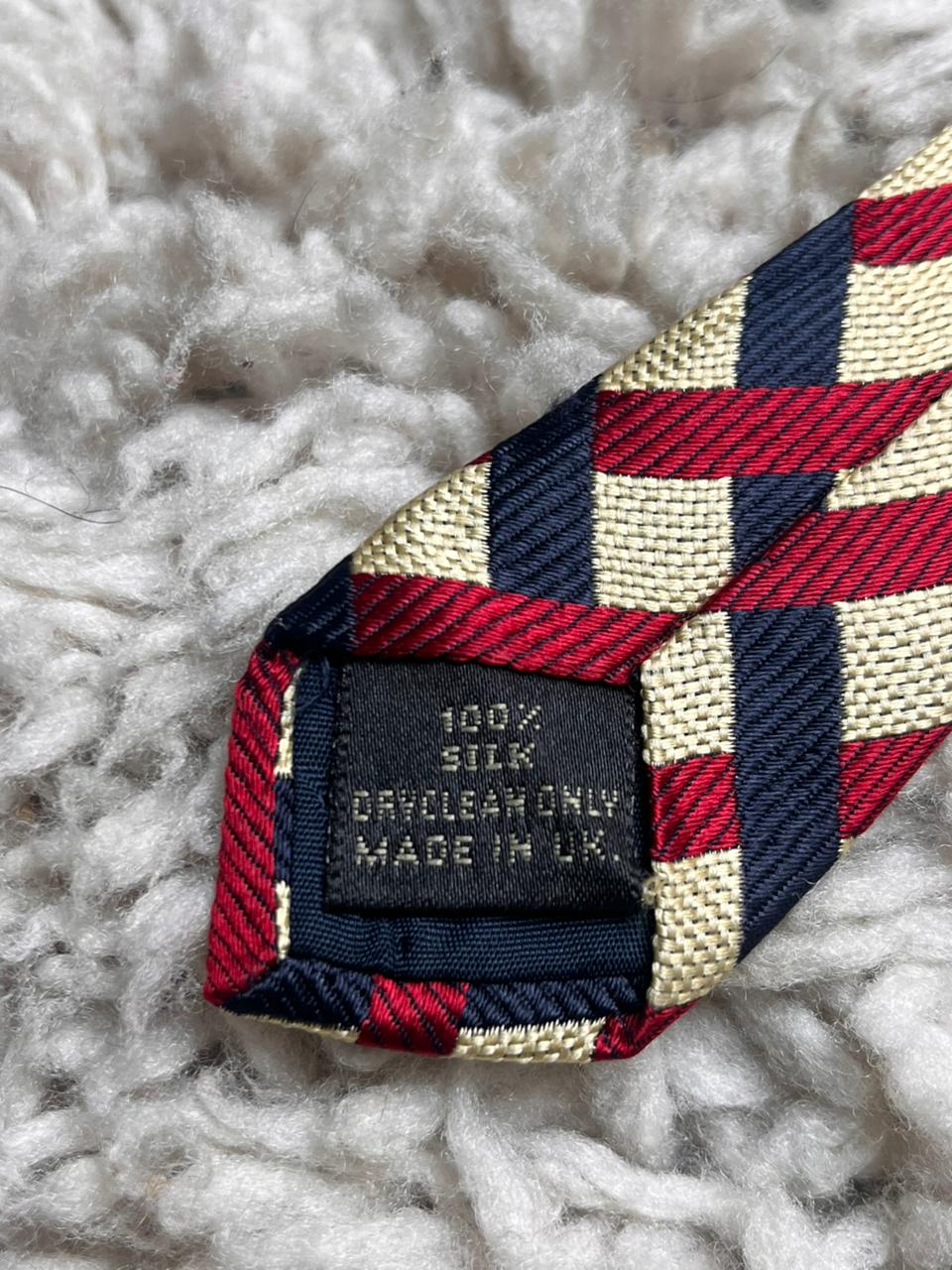 urtons Pure Silk Red Blue Gold Navy Lattice Basketweave Check Made in UK Tie