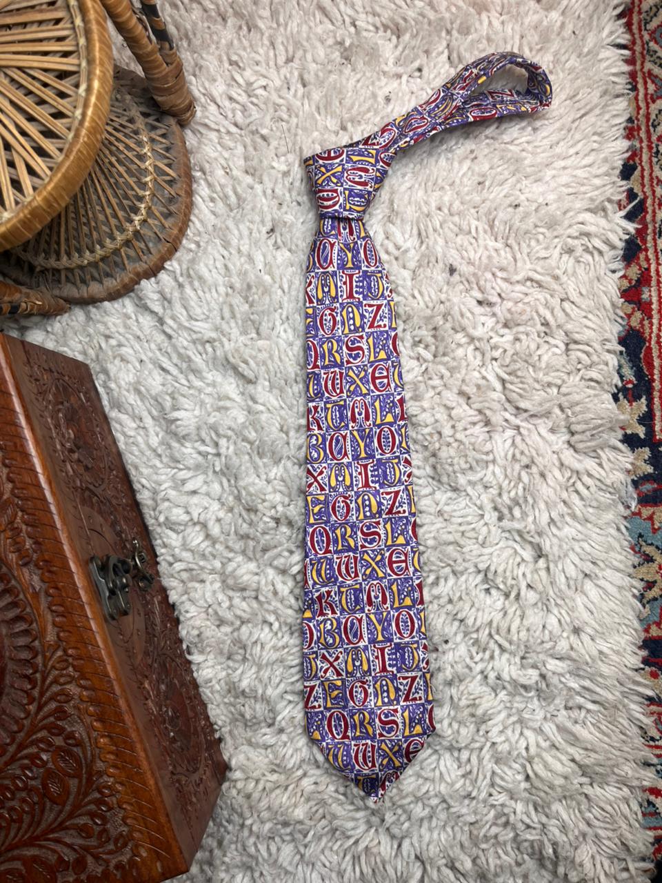 Galileo Royal Purple Red Gold Alphabet Book Letter Print Handmade Pure Silk Tie