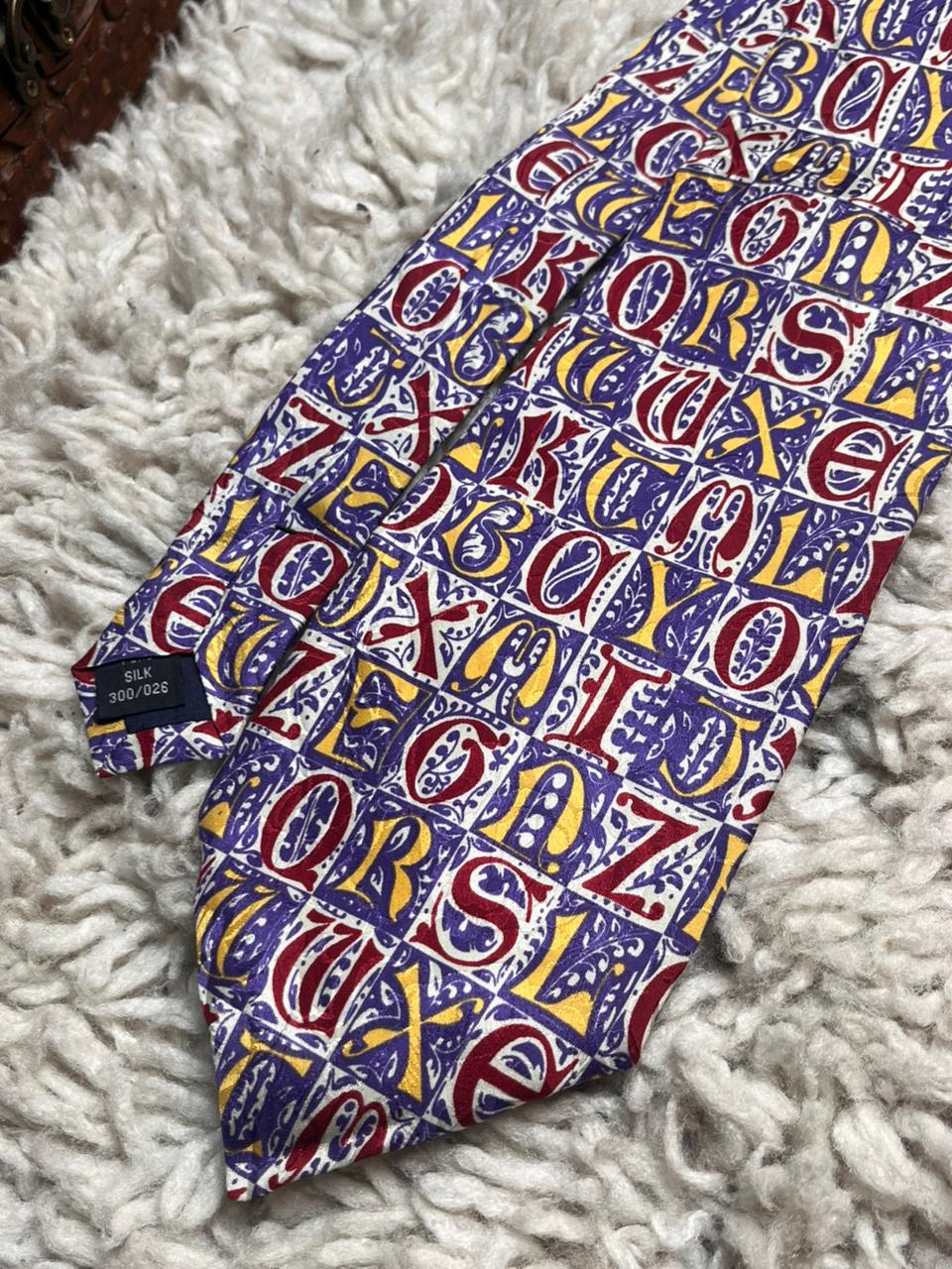 Galileo Royal Purple Red Gold Alphabet Book Letter Print Handmade Pure Silk Tie