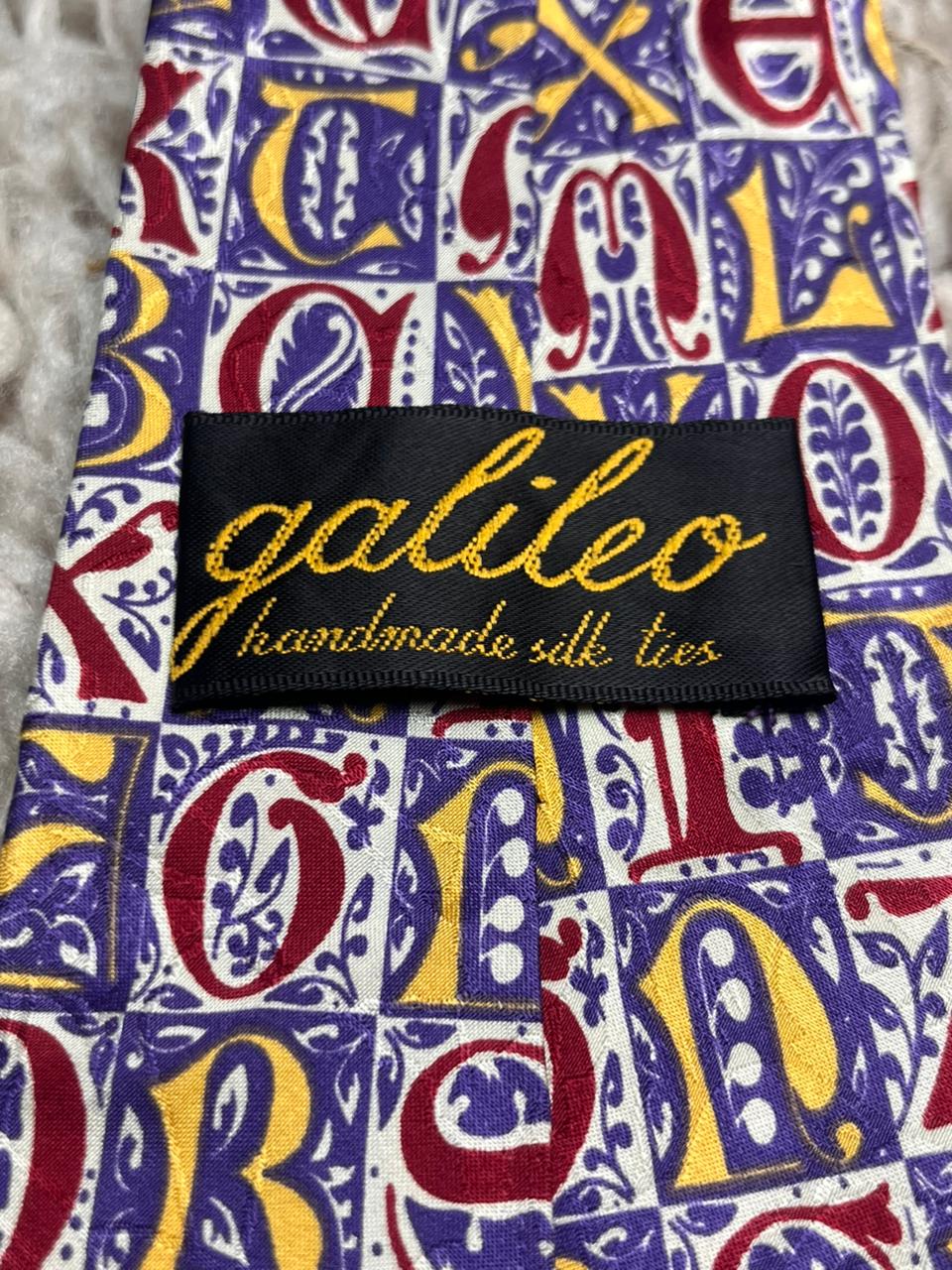 Galileo Royal Purple Red Gold Alphabet Book Letter Print Handmade Pure Silk Tie
