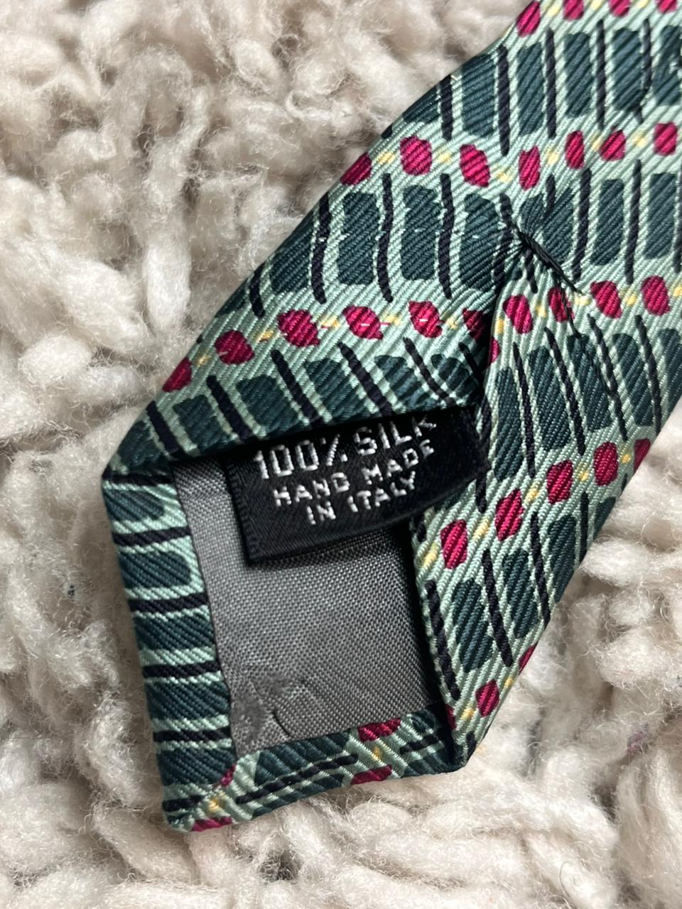 Zucci Teal Green Red Geometric Dot Woven Silk Handmade In Italy Mens Luxury Tie