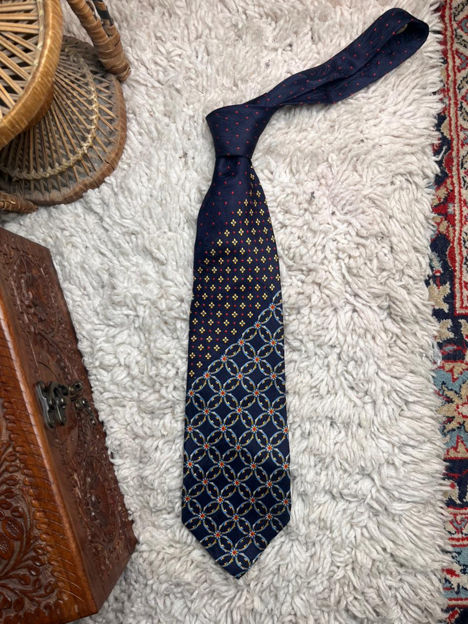 Francesco Borgia Firenze Navy Blue Red Lattice Geometric Floral 100% Silk Mens Tie