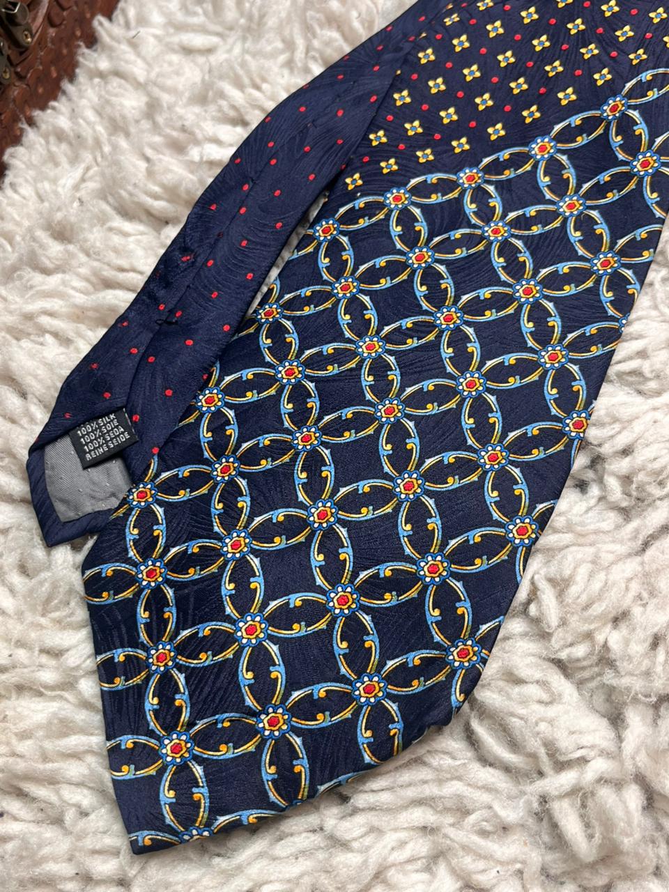 Francesco Borgia Firenze Navy Blue Red Lattice Geometric Floral 100% Silk Mens Tie