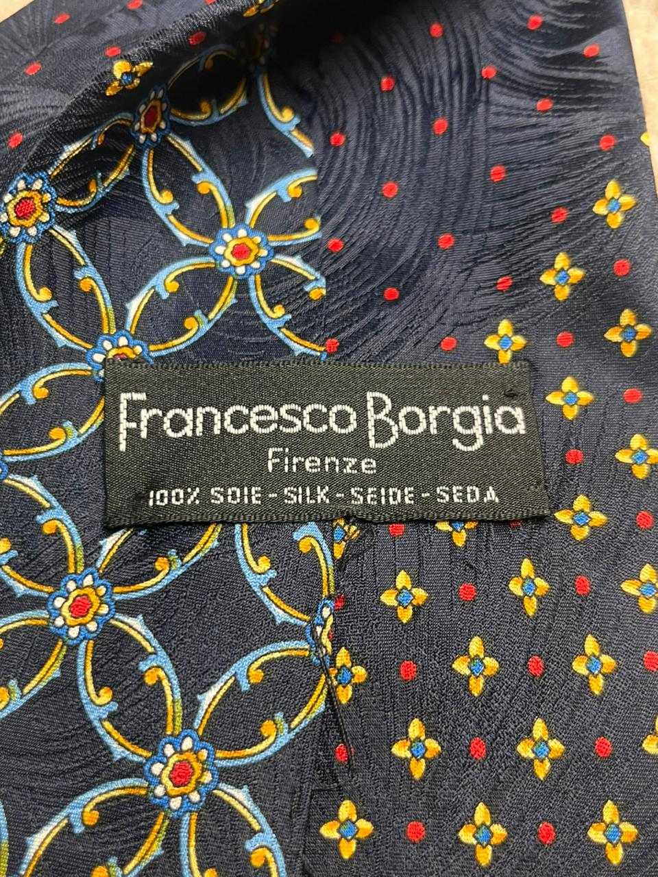 Francesco Borgia Firenze Navy Blue Red Lattice Geometric Floral 100% Silk Mens Tie