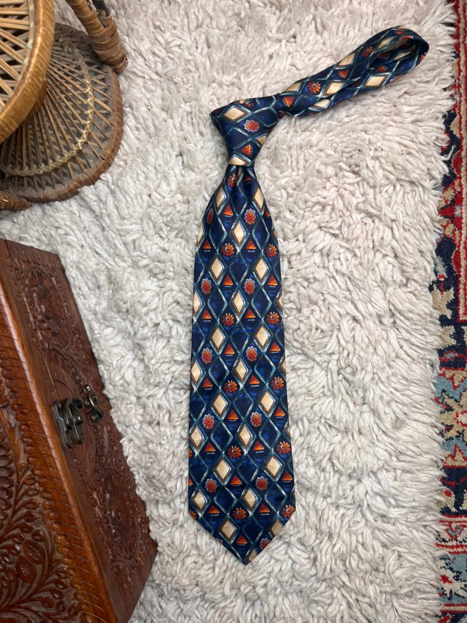 St Michael Marks & Spencer Navy Blue Orange Geometric Diamond 100% Pure Silk Tie
