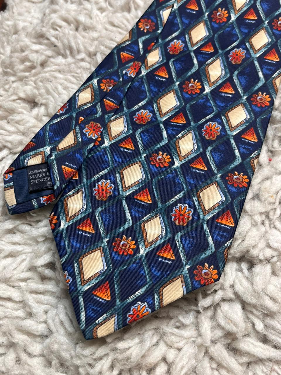 St Michael Marks & Spencer Navy Blue Orange Geometric Diamond 100% Pure Silk Tie