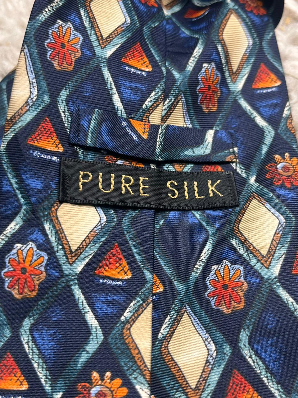 St Michael Marks & Spencer Navy Blue Orange Geometric Diamond 100% Pure Silk Tie