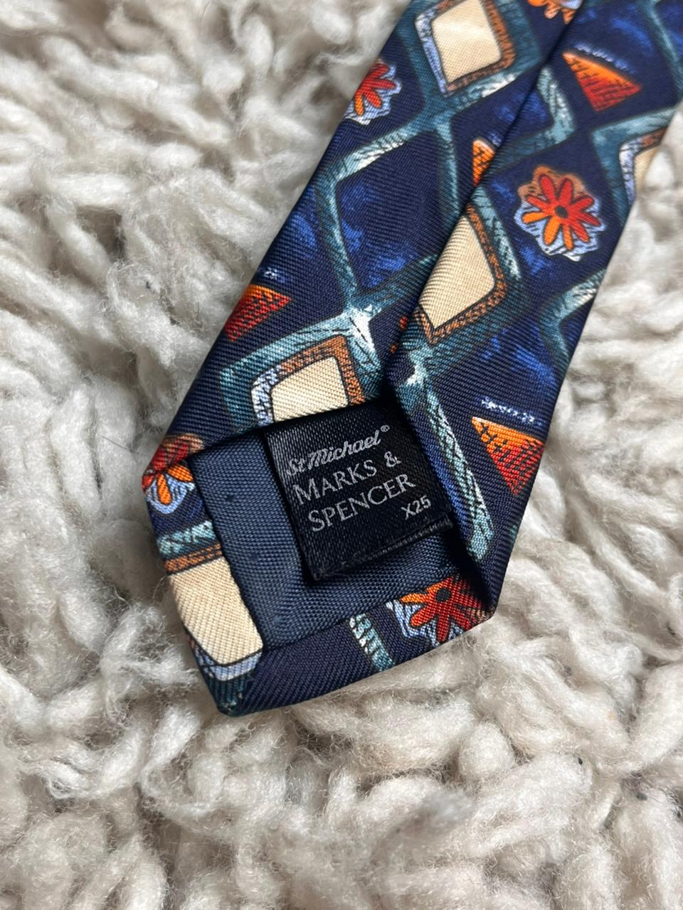 St Michael Marks & Spencer Navy Blue Orange Geometric Diamond 100% Pure Silk Tie