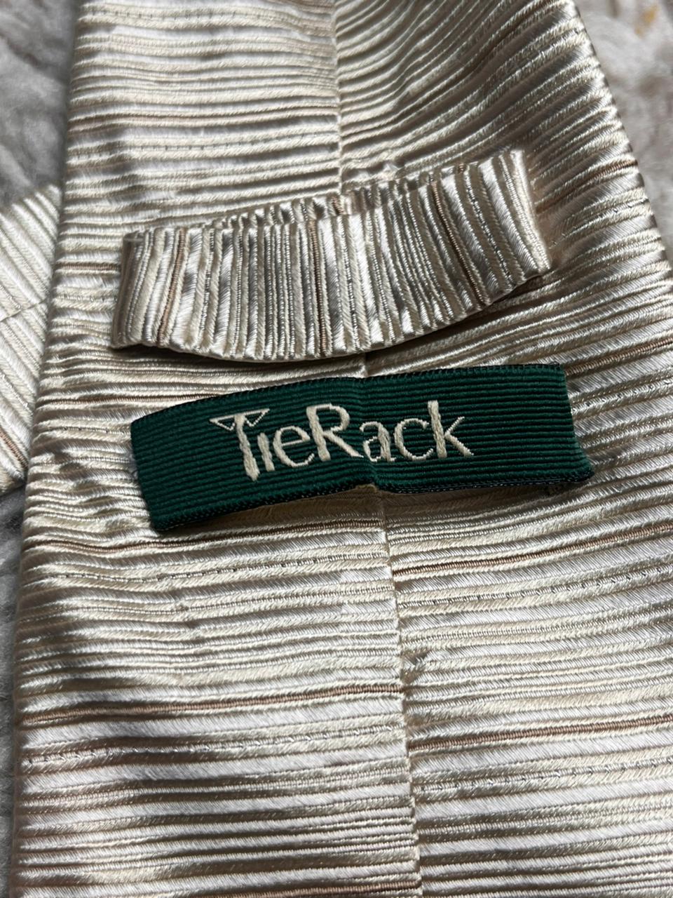 Tie Rack Champagne Gold Textured Horizontal Ribbed Pleated 100% Silk Mens Tie