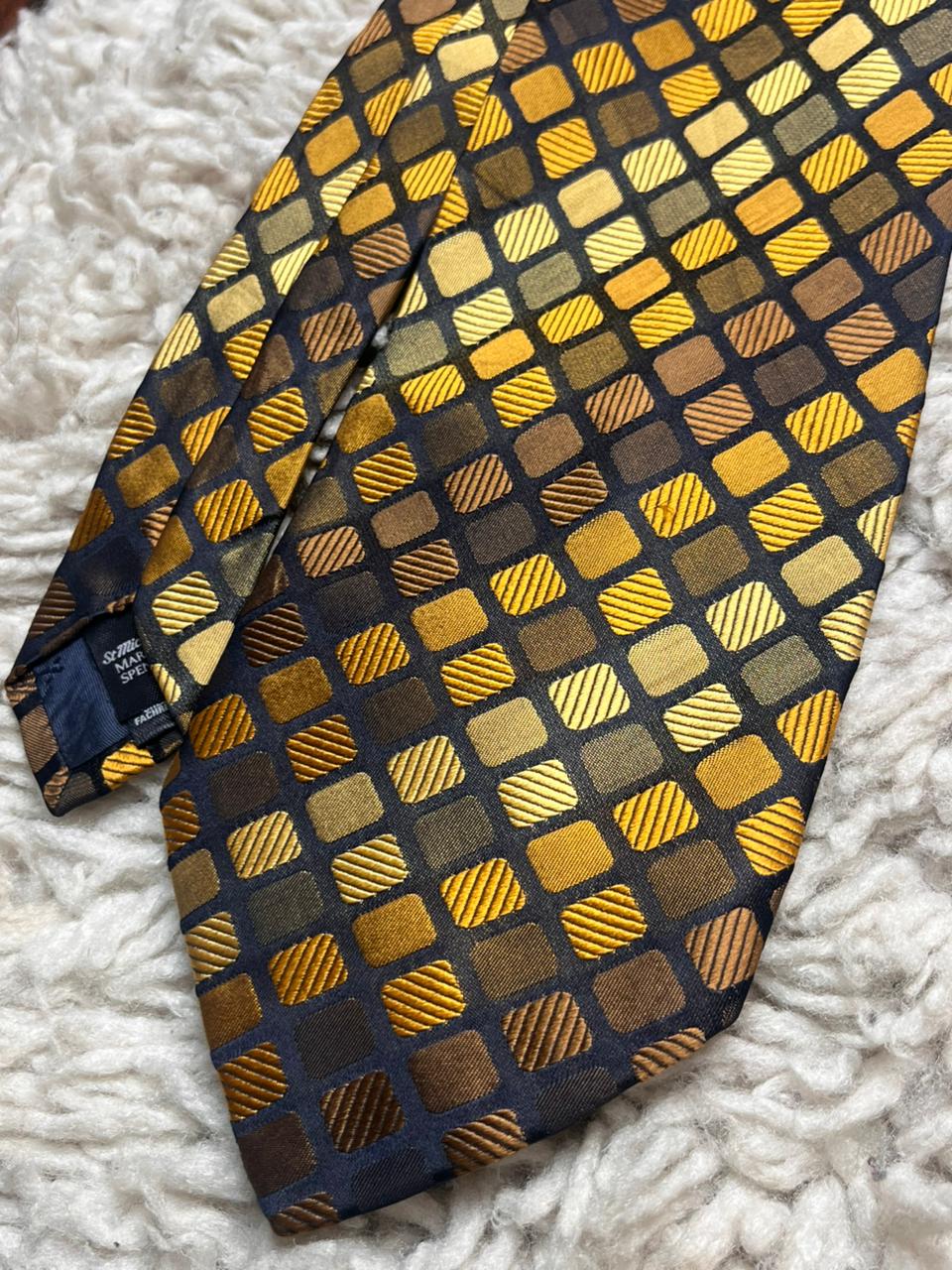 St Michael Marks & Spencer X25 Gold Brown Gradient Geometric 100% Italian Silk Tie