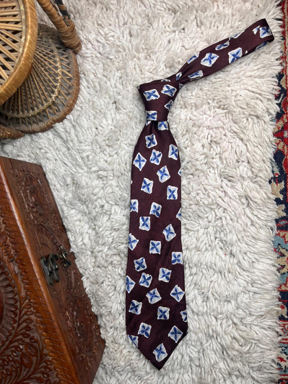 Westbrook Fine Tailoring Burgundy Blue Silver Diamond Floral 100% Silk Mens Tie